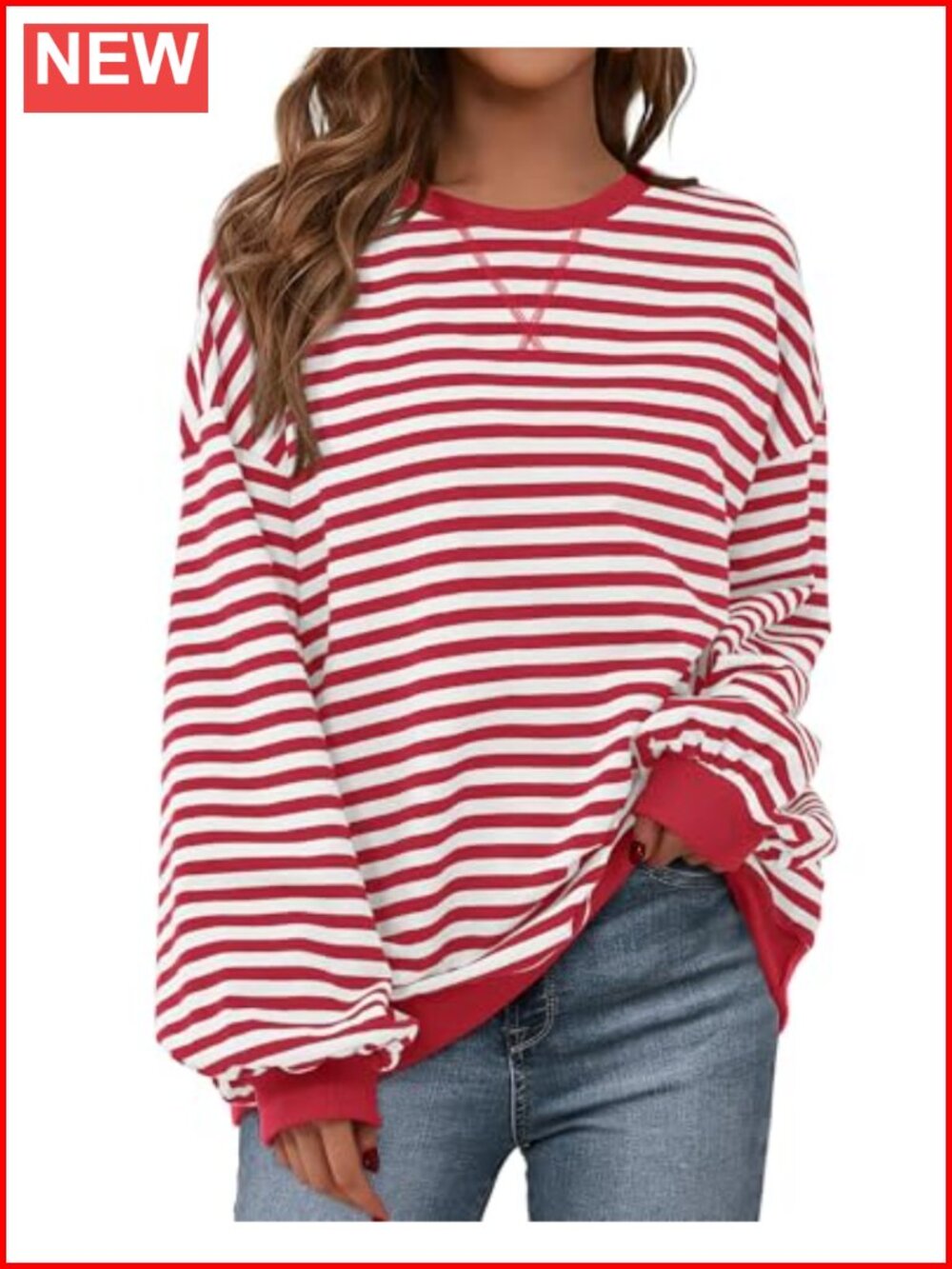 Oversized Striped Crewneck Sweatshirt Lantern Sleeve Pullover Womens